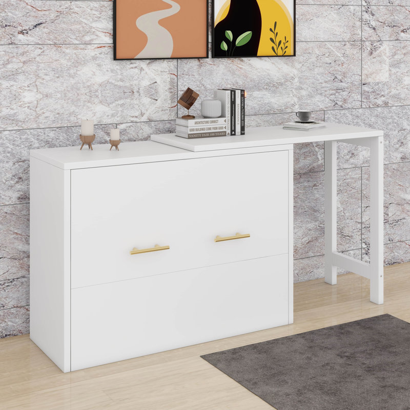 Murphy Bed Cabinet With Movable L-Shaped Desk And Cushion, White