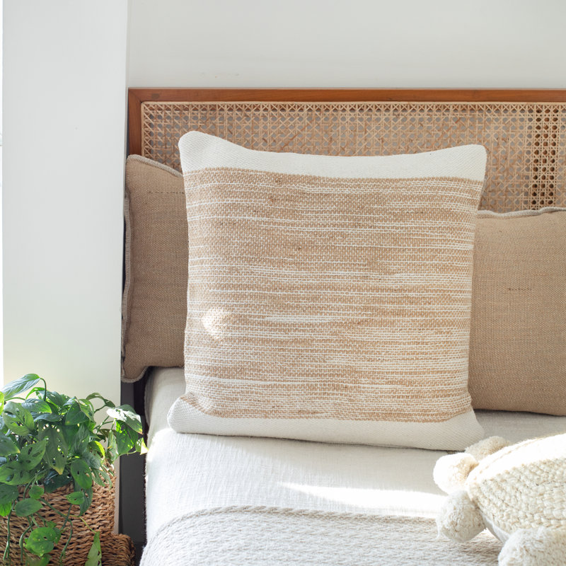 Ivory and Tan Striped Jute Cotton 20" Square Throw Pillow
