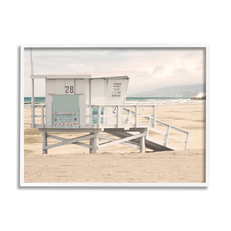 Ba-046-Framed " Lifeguard Hut On Beach " by Marcus Prime, Coastal White Framed Giclee, 16" H x 20" W x 1.5" D