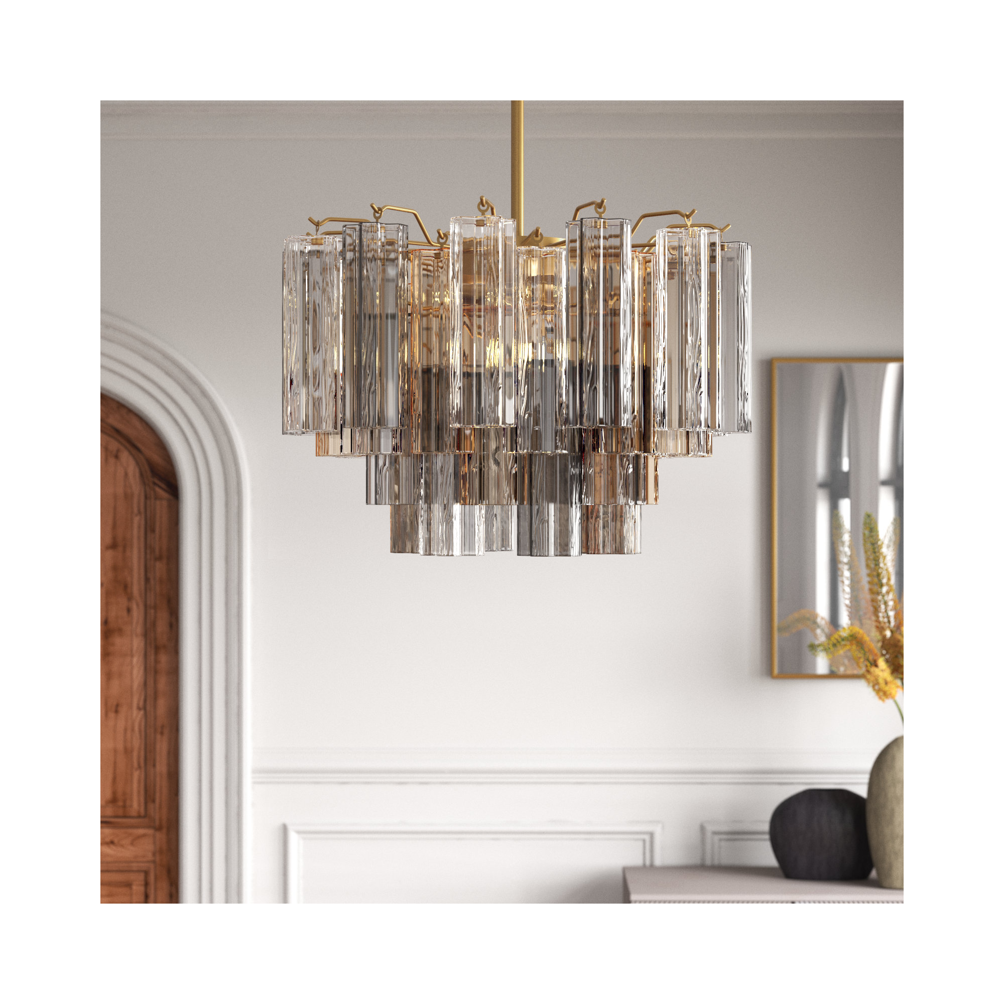 Arras Dimmable Tiered Chandelier, 14.25" H x 22" W x 22" D, Gray/Yellow, Aged Brass