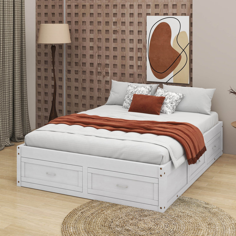 Grand lit plateforme avec 6 tiroirs de rangement, Blanc antique