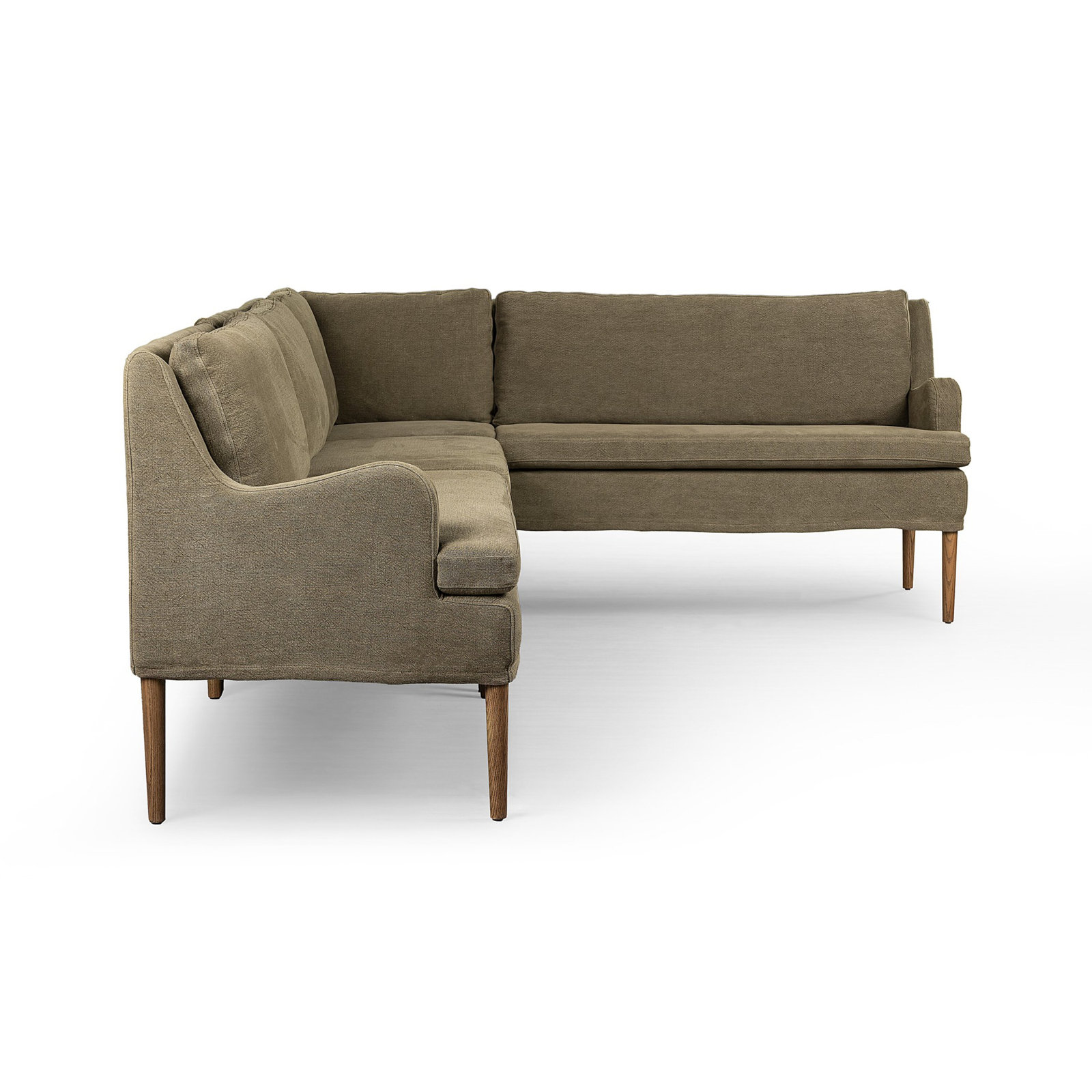 Aurelia Dining Banquette, Broadway Olive Linen, Right Hand Facing, 34.5" H x 99" W x 76" D