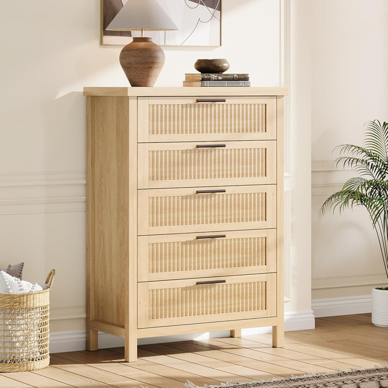 Commode haute cannelée 5 tiroirs pour chambre à coucher, commode de 42,9 po, commode en bois avec armoire de rangement pour vêtements, organisateur de tiroir, meuble télé pour chambre à coucher, salon, couloir
