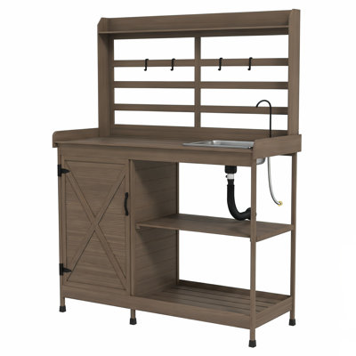 Banc de rempotage en bois en bois avec rangement, lavabo et robinet amovibles - Poste de travail de jardinage extérieur