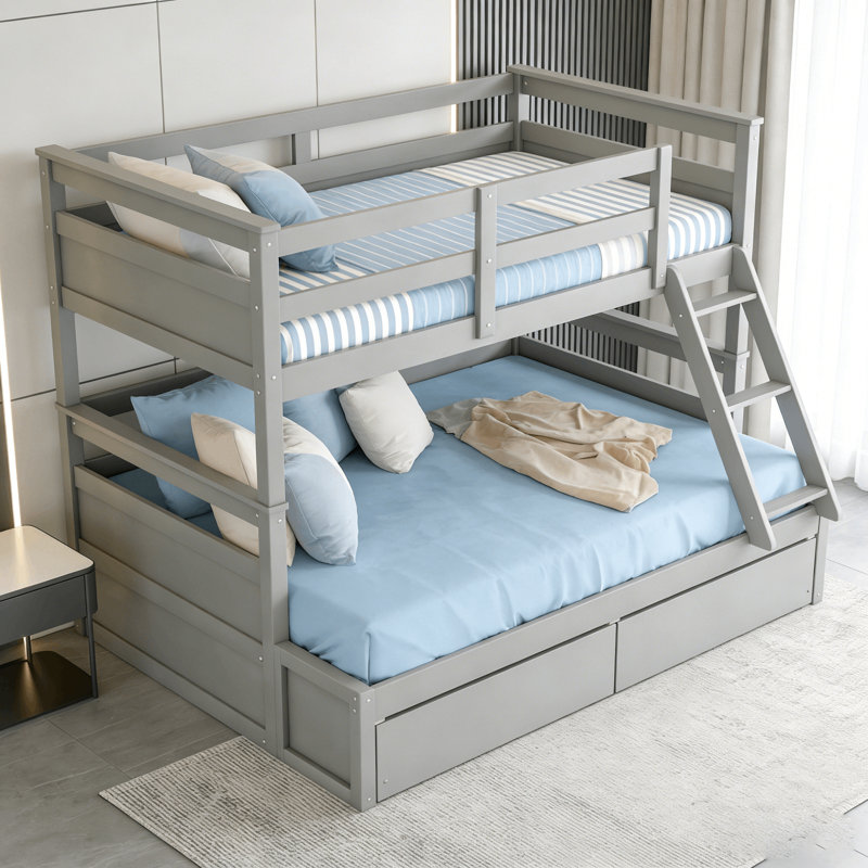 Twin Over Full Convertible Bunk Bed With 2 Storage Drawers, Gray