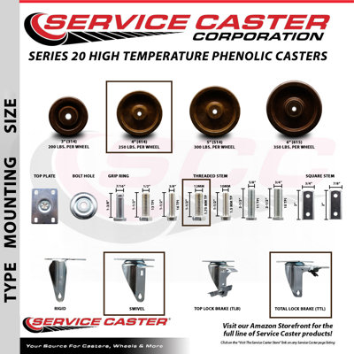 4 Inch High Temp Phenolic Swivel 12mm Stem Caster Set 2 Total Lock Brake SCC -  Service Caster, SCC-TSTTL20S414-PHSHT-M1215-2-S-2