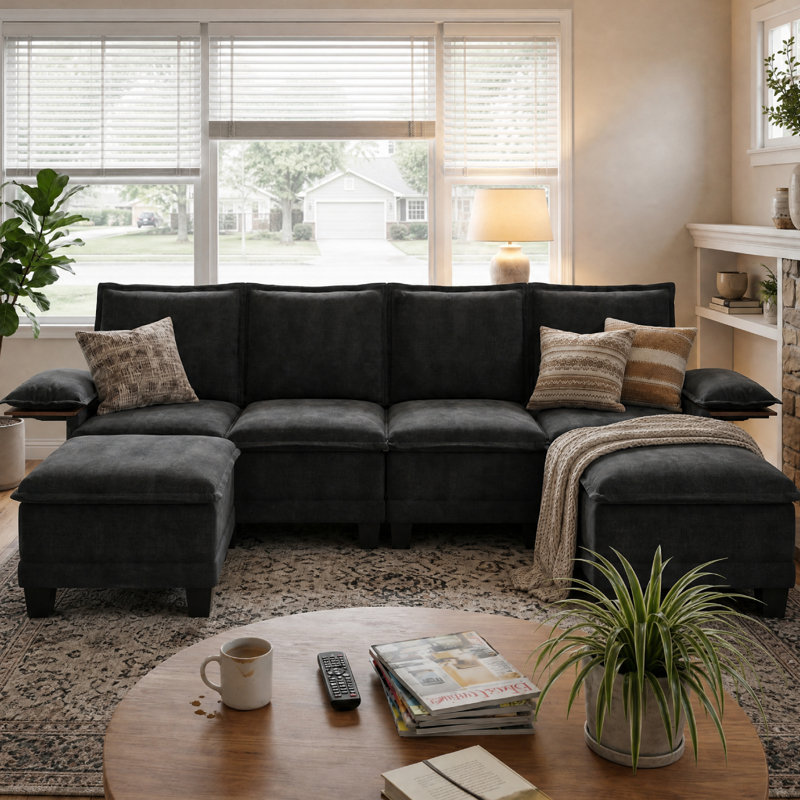 122" Waterproof Chenille U-shape Sofa With Collapsible Table, 4-seat Sectional Upholstered Couch With Two Ottomans For Living Room, Apartment
