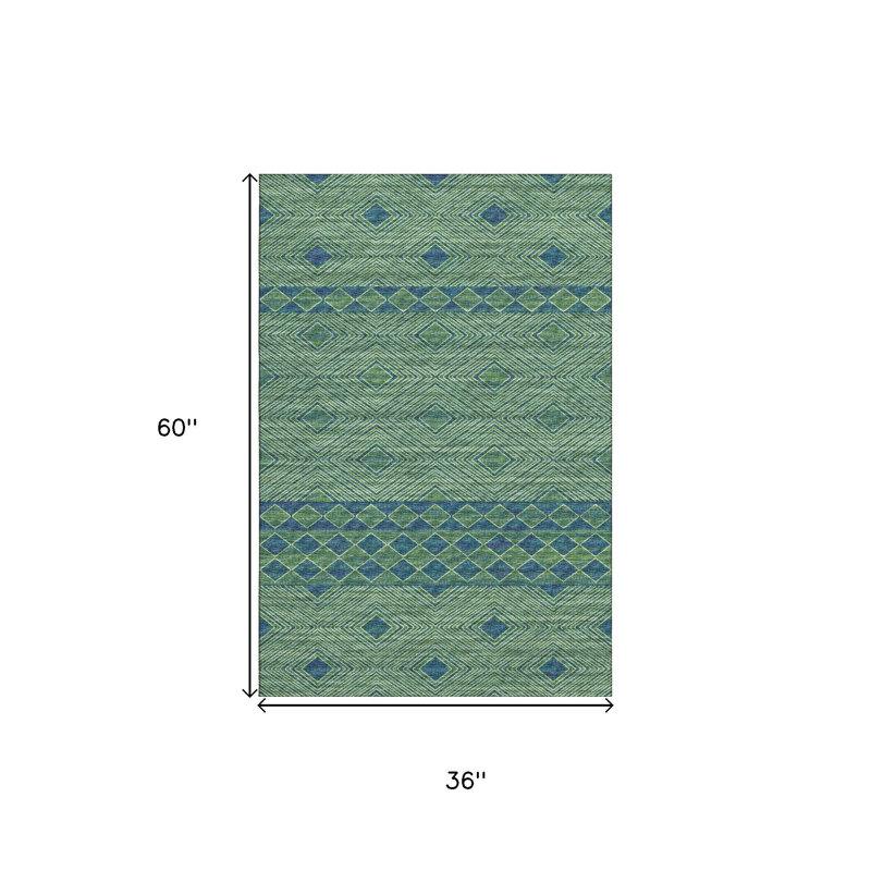 3' X 5' Green And Navy Blue Tribal Washable Area Rug With UV Protection