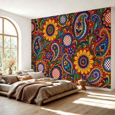 Wall Mural Peel and Stick Wallpaper Mexican talavera seamless Decorative ornamental flowers Self-Adhesive Removable Contact Paper Wall Decor for Living Room Bedroom 69"H x 96"W