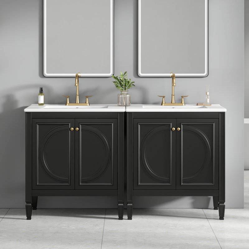 Meuble-lavabo double autoportant de 60 po de largeur avec charnières à fermeture douce, tablettes réglables et tiroirs, Noir