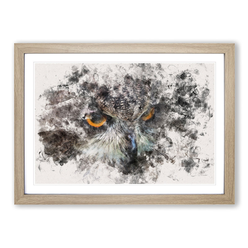 A Great Horned Owl Watercolour - Single Picture Frame Print on MDF, 45cm H x 63cm W x 2cm D, Oak Framed