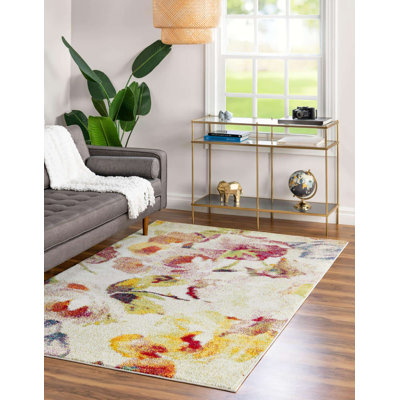 Tapis ivoire / vert / rouge à motif floral Adelinah