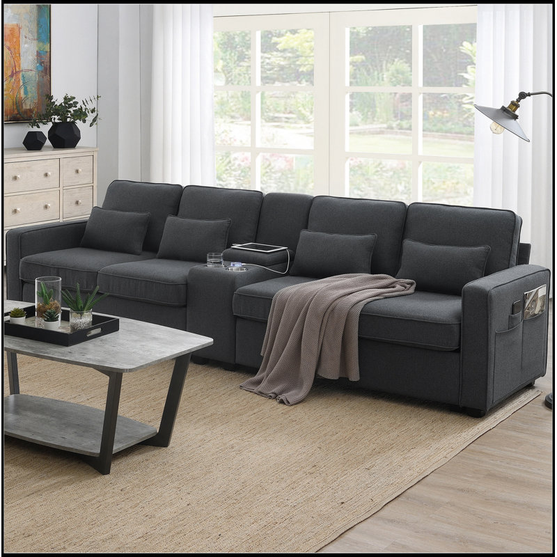 Canapé rembourré avec 2 porte-gobelets, 2 ports USB câblés ou sans fil, Gris foncé