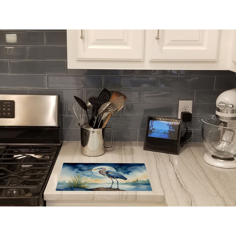 Blue Heron Under the Moonlight Glass Cutting Board