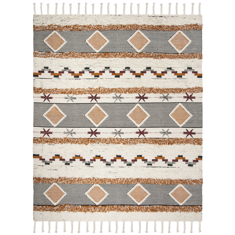 Tapis ivoire / gris en laine / coton noué à la main de style sud-ouest Bakerhill, Rectangle 9 pi x 12 pi