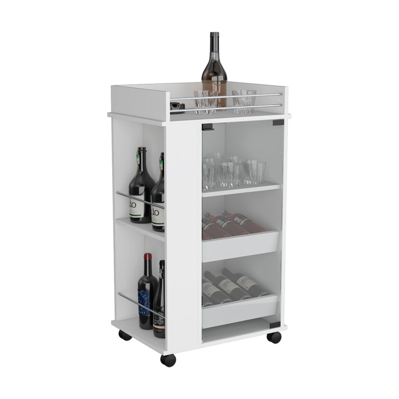 Lansing Bar Cart with Glass Door, 6 shelves and Casters, Living Room, White, White