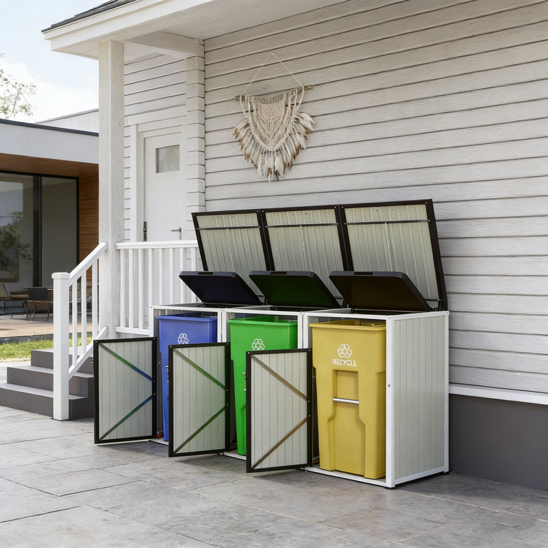 La remise extérieure pour poubelle peut contenir 3 boîtes avec un support de couvercle pneumatique, des portes verrouillables et un système de couvercle à chaînette imperméable.