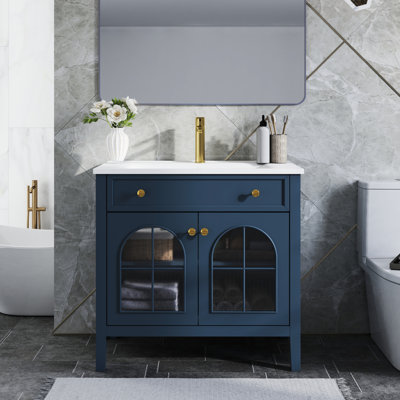 Meuble-lavabo haut de gamme bleu avec verre 35,6 po avec lumières à capteur de mouvement, tiroir à plateau rabattable, autoportant, style médiéval, lavabo intégré de qualité Mid-Century 35,6 po