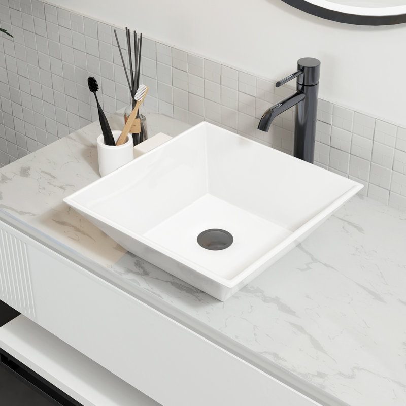 Sinber 16" x 16" x 4.92" White Square Ceramic Countertop Bathroom Vanity Vessel Sink
