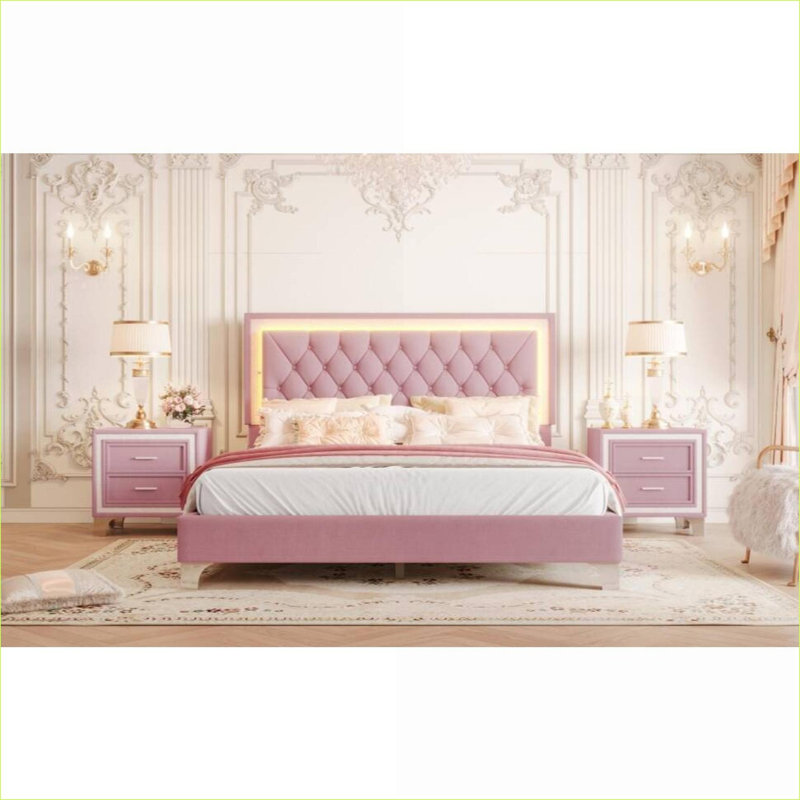 Ensemble de chambre à coucher | Grand lit plateforme 3 pièces avec 2 tables de chevet modernes à DEL, rose, pour chambre à coucher | Rose | Velours