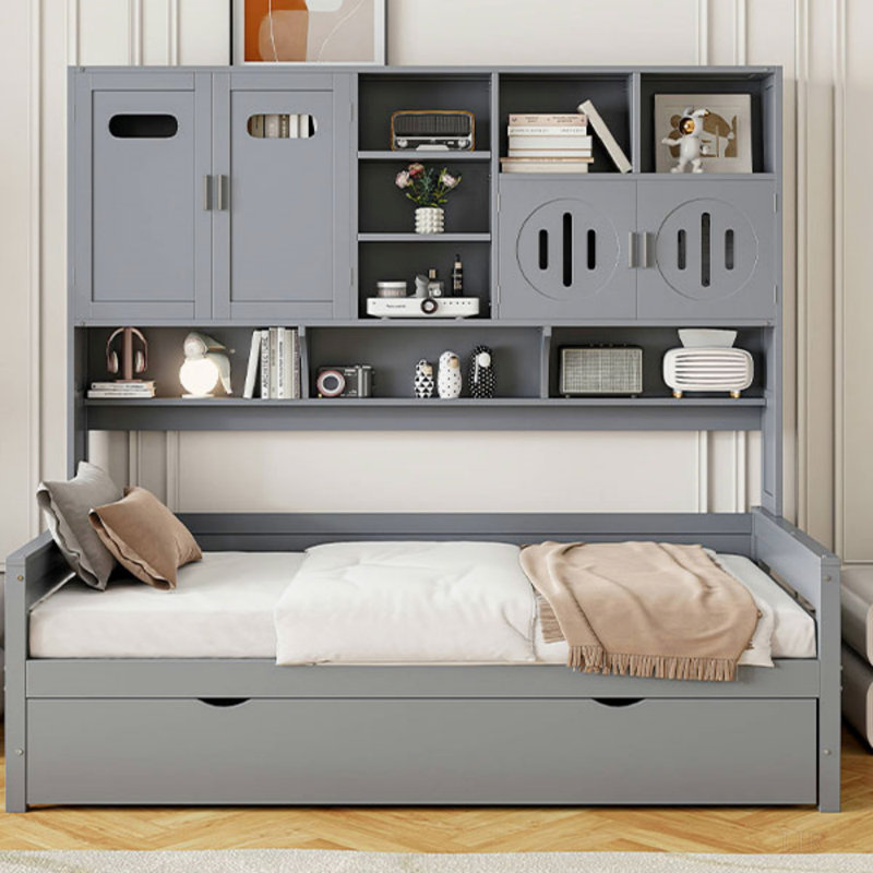 Lit de jour simple en bois avec lit gigogne simple, armoire et tablette tout-en-un, Lit simple, gris