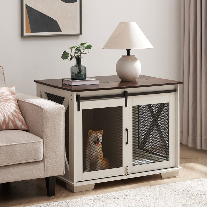 White Dog Kennel With Metal Latch And Adjustable Partition, Look Crate Sliding Door Removable Partition For Comfort,