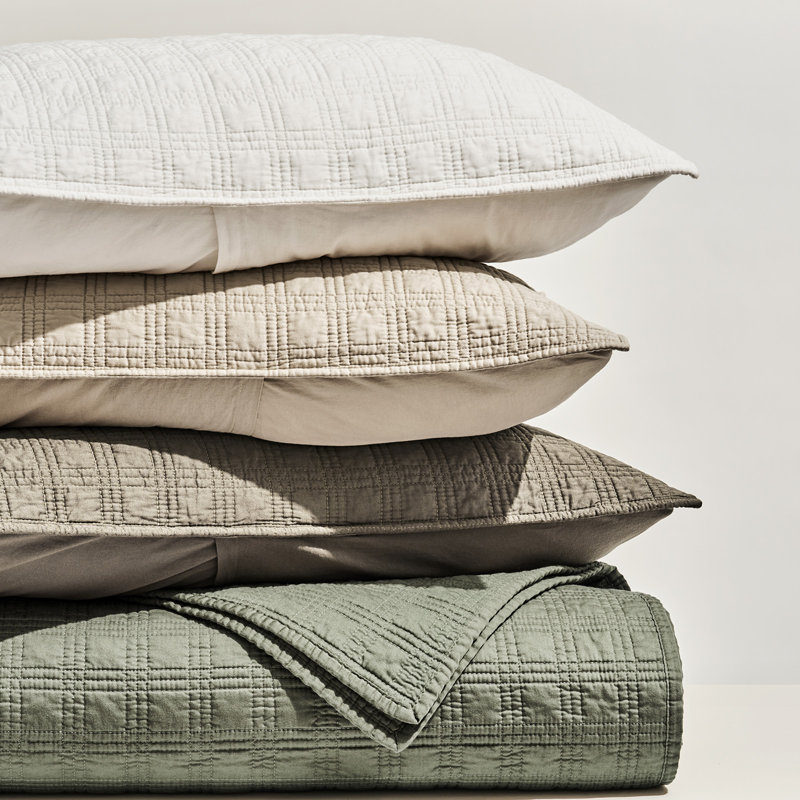 Modern Windowpane Cotton Sateen Quilt Set,Pre-Washed 100% Cotton Coverlet Bedspread, 3-Piece Soft Lightweight Bedding Set With 2 Shams For All Seasons