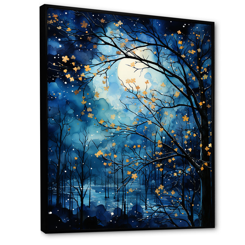 Décoration murale arbre au clair de lune III - paysage arbres, H 40 po x l 30 po x P 1,5 po, Cadre flottant noir