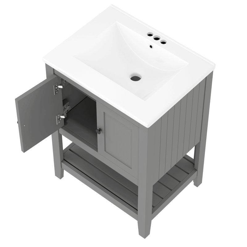 Lavabo de salle de bain moderne élégant en céramique 24 po avec tablette ouverte en bois massif, Gris, Noir