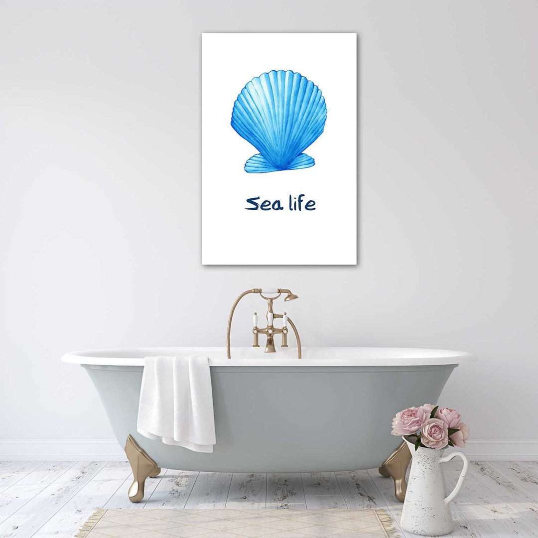 Poster Blaue Muschel mit Inschrift Sea Life