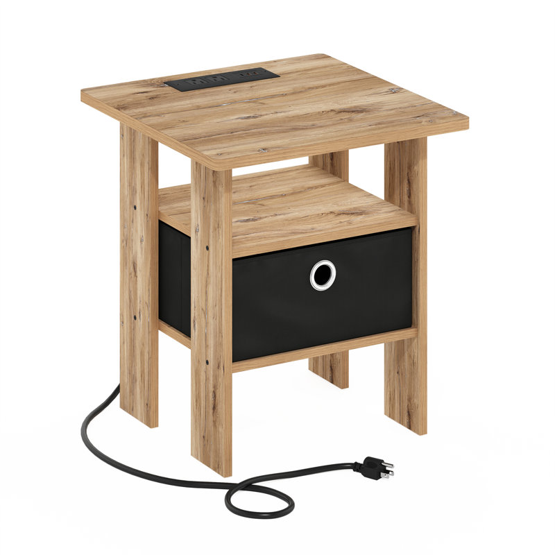 Maximina End Table with Storage and Built-In Outlets, USB & Type C Ports, Flagstaff Oak, Black