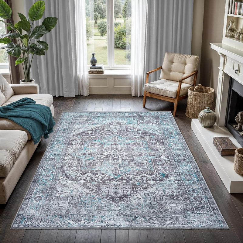 GLN Rugs Vintage Collection - Machine Washable Area Rug, Vintage Washable Rug, Non Slip Area Rug, Low Pile Living Room Rug, Bedroom Rug, Bathroom Rug - Easy Clean (Blue and Gray Area Rug)