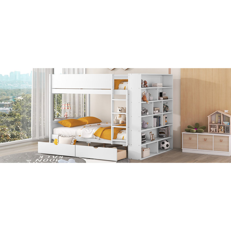 Lit double superposé au dessus d'un lit superposé avec armoire et rangement pour tiroirs, blanc