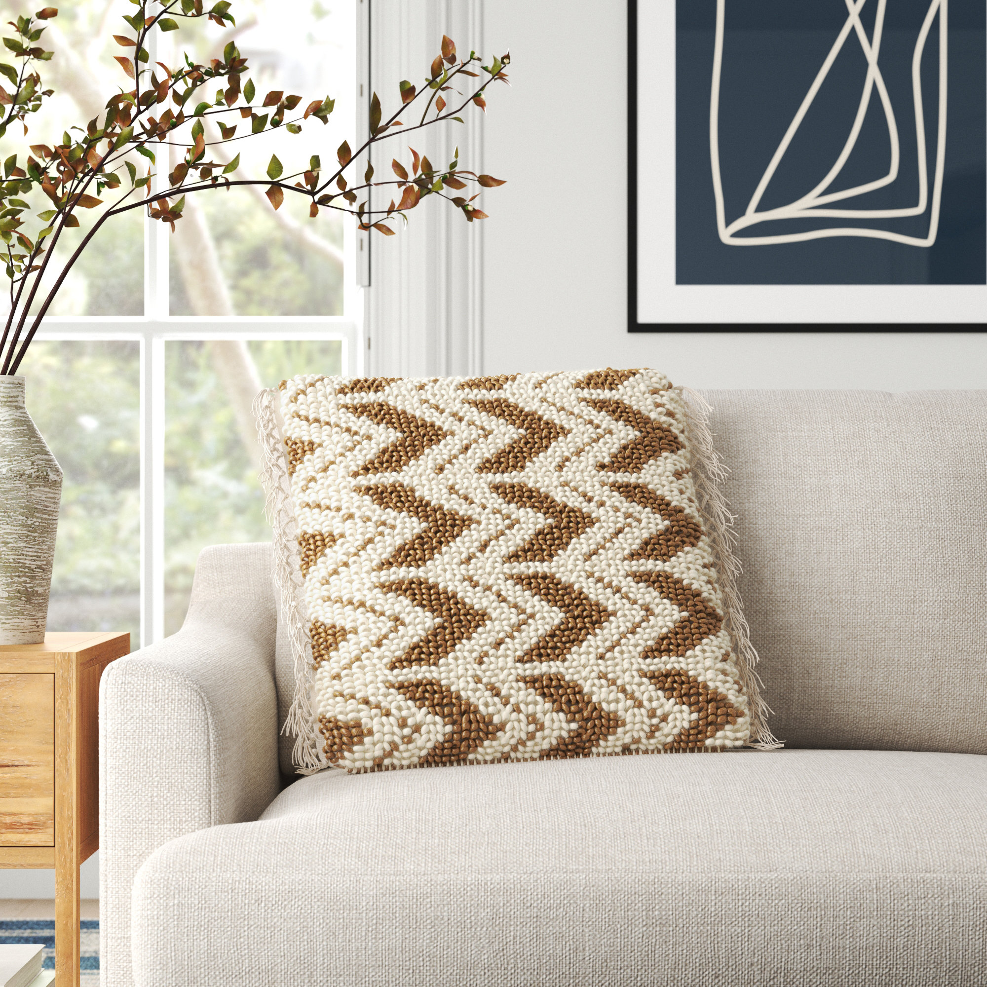 Oakleaf Chevron Polyester,Wool,Cotton Blend Throw Pillow, Down, Olive/Ivory