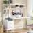 55 Inches White Computer Desk With Hutch, 2 Drawers & Open Shelves – Modern Home Office Desk For Study And Gaming-2018917395