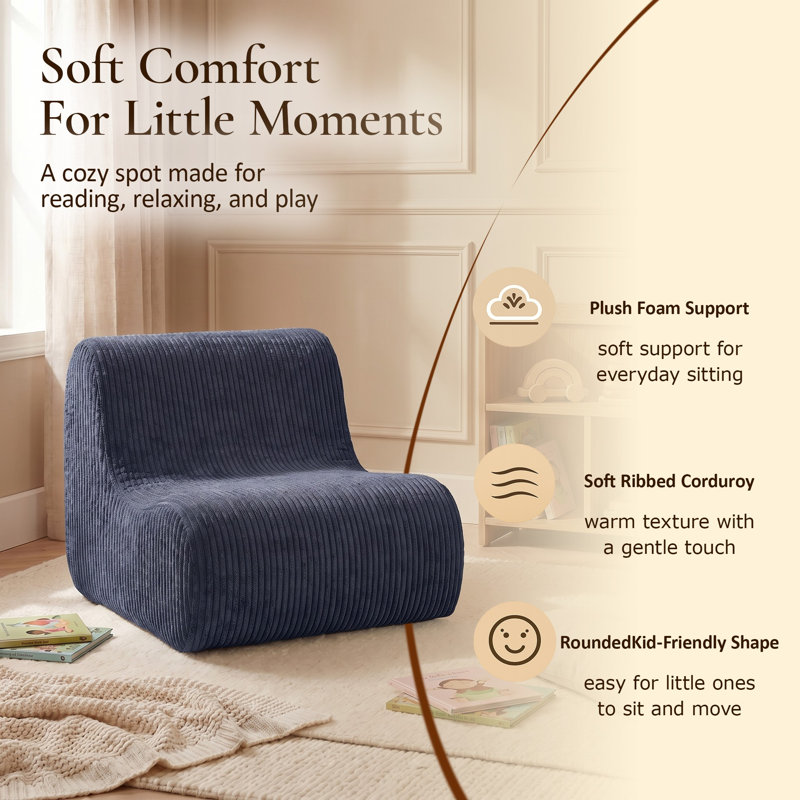 Lightweight Kids' Corduroy Sofa With Carrying Handles, Non-Slip Base And Supportive No-Spine Build, Blue Gray