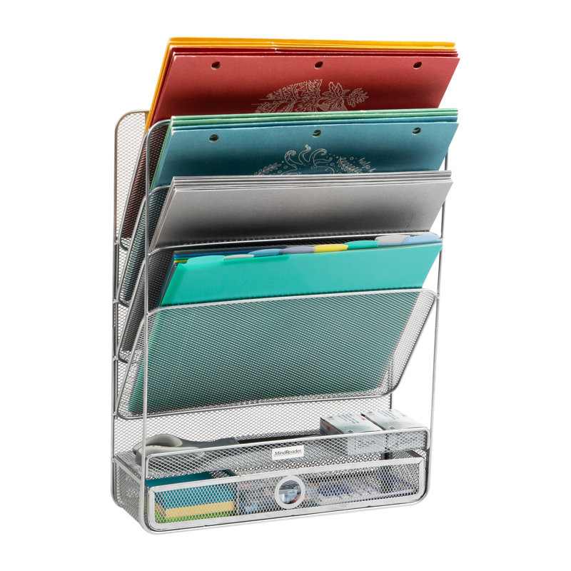 Mind Reader 4-Tier Vertical File Storage, Desktop Organizer, Wall Mount, Metal, 12.5"L x 4"W x 16.5"H, Silver