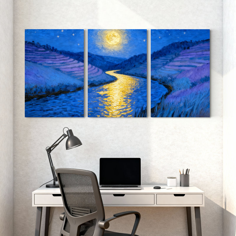 Abstrait rivière au clair de lune à travers les Collines mauves, ensemble de 3 impressions sur toile, H 24 po x l 48 po