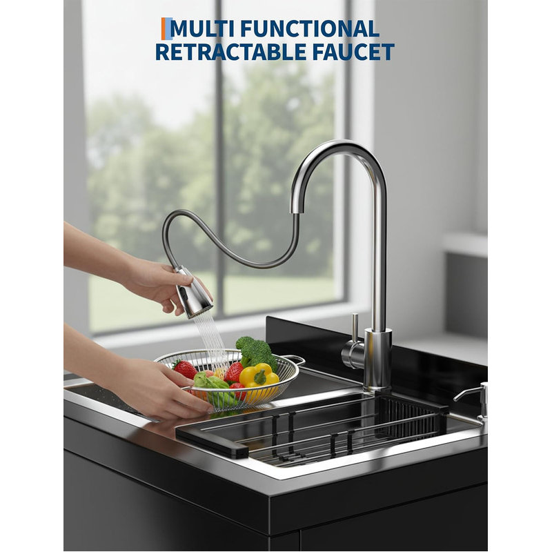 Stainless Steel Utility Sink with Pull-Out Faucet, Large Freestanding Laundry Sink for Garage