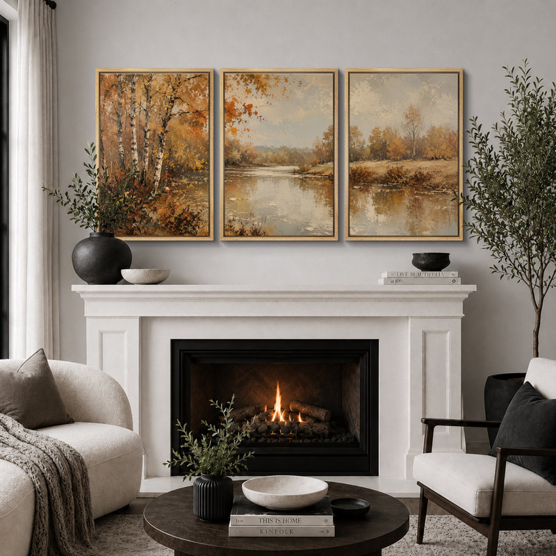 «Autumn River Birch Forest», art de la salle à manger, impression sur toile encadrée, 3 pièces, H 24 po x l 48 po x P 1,5 po