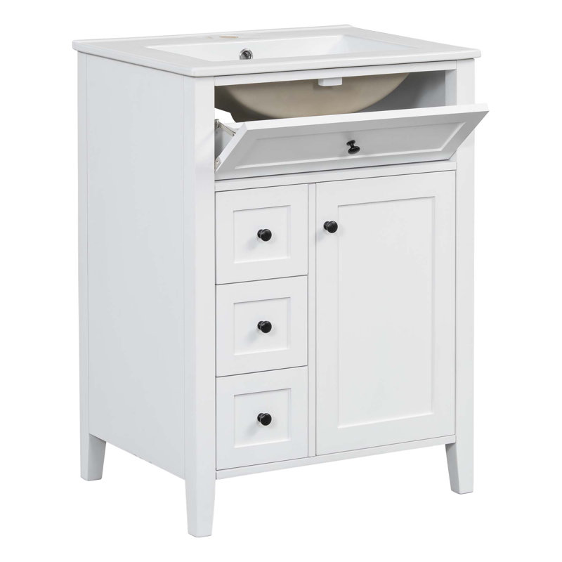 Meuble-lavabo noir 24 po avec lavabo, panneau de fibres à densité moyenne et fabrication en bois d'hévéa, 3 tiroirs et armoire avec tablettes réglables, conception moderne pour les petites et moyennes salles de bain