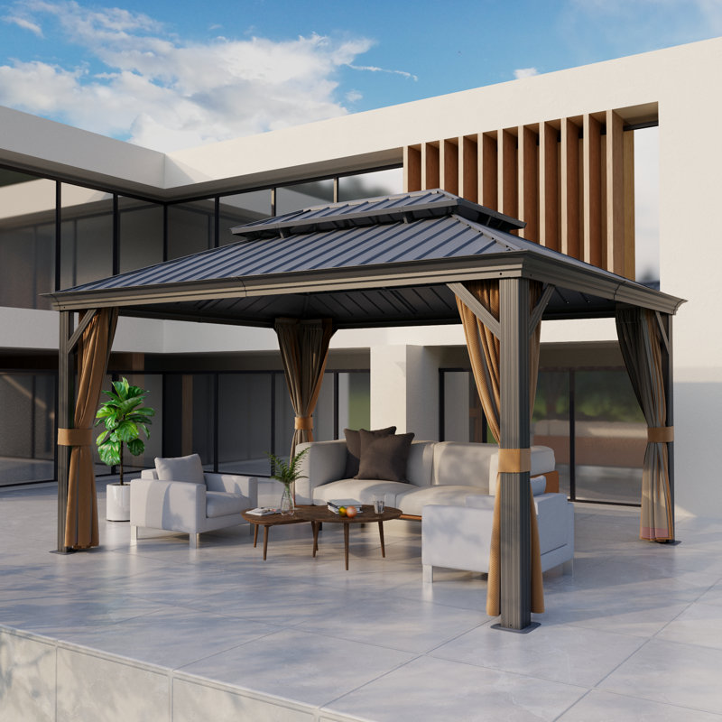 Pavillon de jardin permanent à toit rigide de 10 pi x 14 pi avec cadre en aluminium et double toit en acier galvanisé