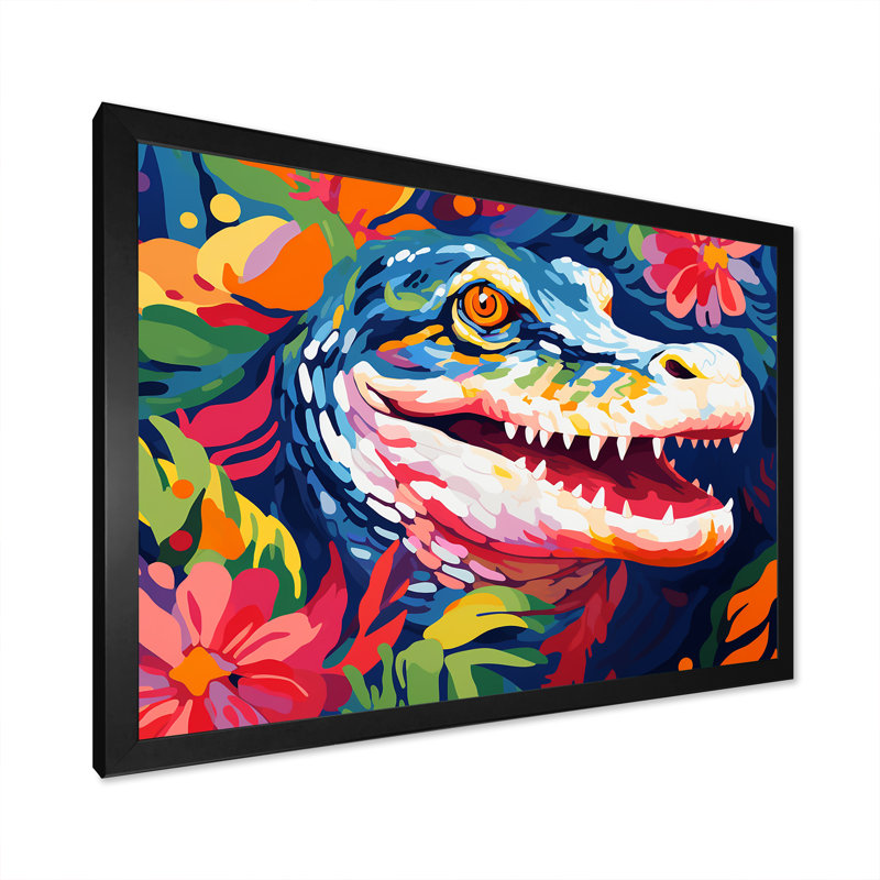 Popart alligator I, art mural crocodile, Cadre d'angle fermé noir, H 12 po x l 20 po x P 1 po