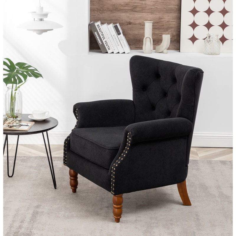 Durgan 29" Wide Velvet Tufted Wingback Chair, Black