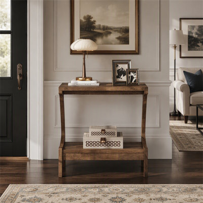 Table d'appoint en bois massif, table d'appoint étroite avec tablette de rangement à 2 niveaux