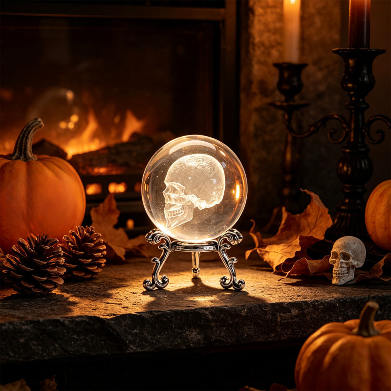 Boule de cristal sculptée pour décoration d'Halloween, socle de bureau, ornement en cristal blanc, cadeau, A