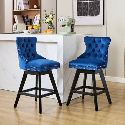 Button Velvet , 360° Swivel Seat, Foam & Steel Spring Filler, Solid Wood Legs, Trim, 2 (blue) For Dining Blue Cushion, Of 2 Room