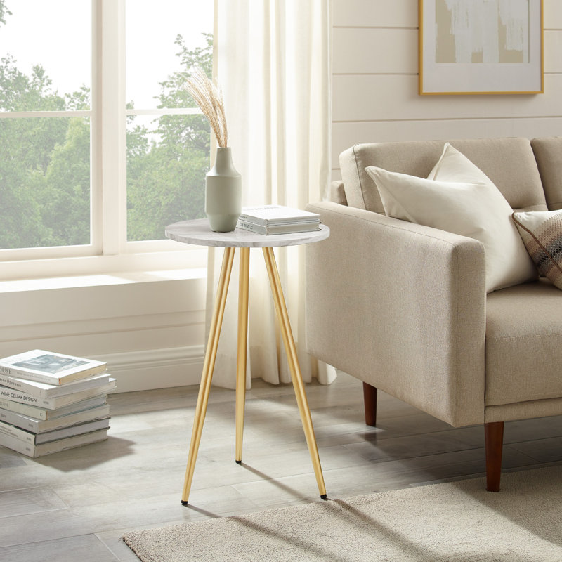 Modern Minimal Round Side Table, Light Gray Marble, Gold