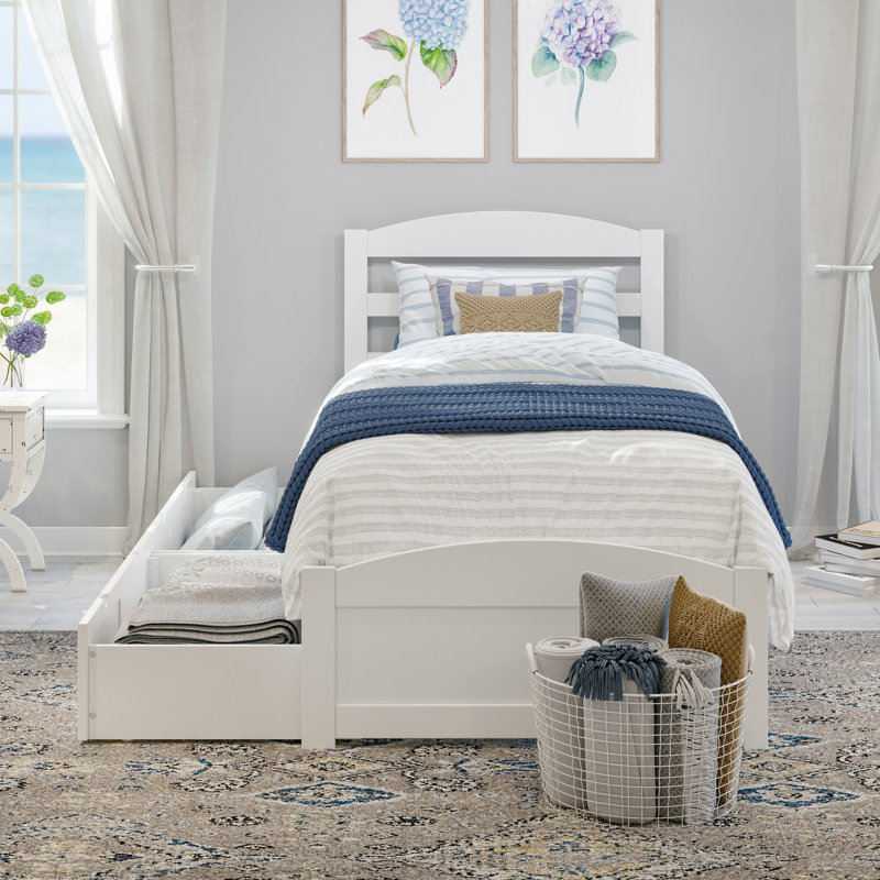 Elliana Solid Wood Platform Bed with Footboard & Storage Drawers, White, Twin