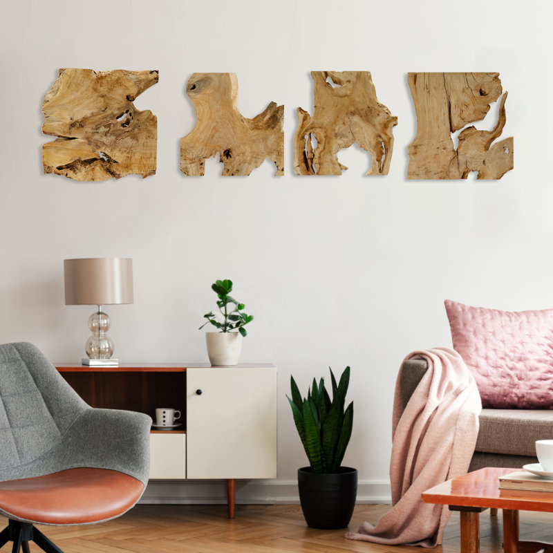 4 Pcs Rustic Wooden Wall Art Set, 12"X12" Abstract Geometric Wall Decor, Irregular Handcrafted Wood Hanging For Living Room, Bedroom, Office, Natural